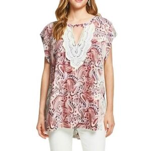DANIEL Rainn Top Crochet Paisley Boho Peasant Print Cream Orange Brown Women's M